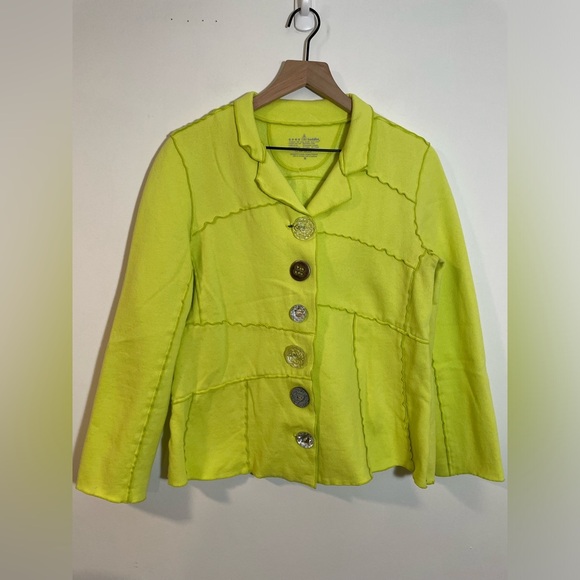 Neon Buddha Yellow Green Mix Buttons Cotton Sweater Jacket Size Medium - Picture 1 of 8
